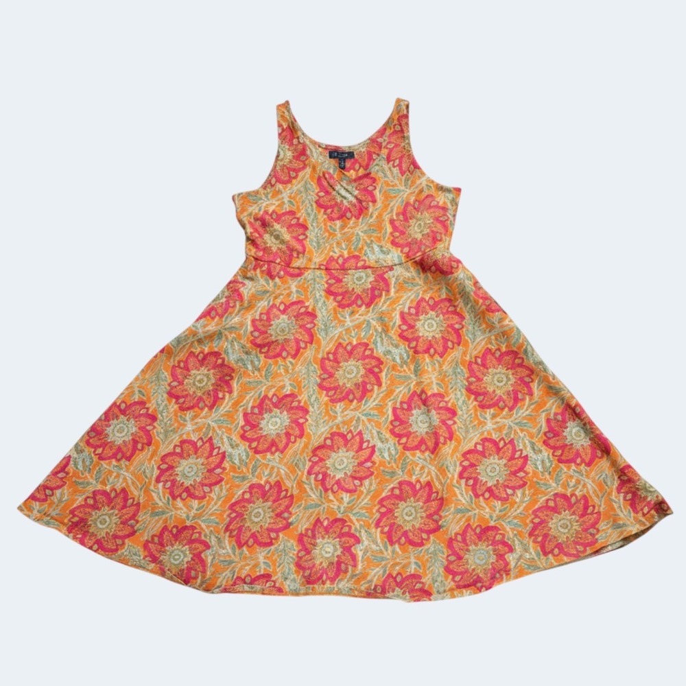 Chaps Orange Pink Floral Sleeveless Fit Flare Midi Dress XL Boho Cottagecore